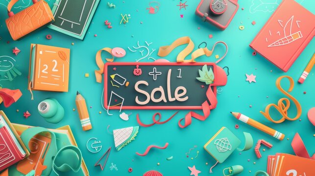 Back to School 2+1 Sale Banner with Colorful Educational Elements and Fun Design for Promotions