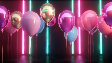 A vibrant and festive birthday banner featuring a mix of shiny and textured balloons in shades of pink and purple against a backdrop of glowing bokeh lights.