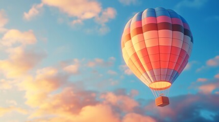Fototapeta premium A colorful hot air balloon soars through a sky painted with the hues of a serene sunset and soft clouds.