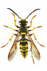 A single yellow and black wasp sits on a white surface, its body and wings visible