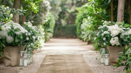 A rustic chic aisle with a burlap runner, flanked by mason jars filled with wildflowers and greenery. Wooden benches add to the charm, creating a serene and inviting setting for an outdoor garden