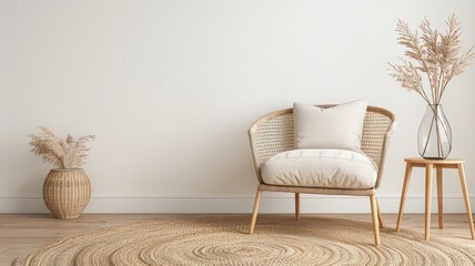 A serene and minimalist interior design featuring a cane chair with a cozy cushion, a handwoven rug, and simple yet elegant decorative elements like a glass vase with dried grasses