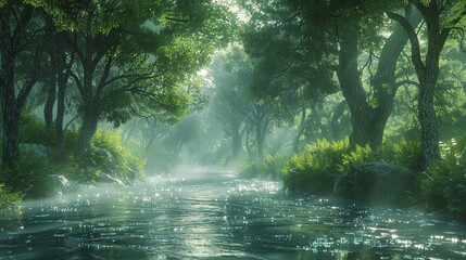 A serene river flowing through a lush forest, with sunlight filtering through the trees.