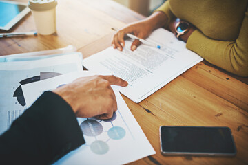 Business hands, paperwork and teamwork in meeting with contract, summary and job description for...