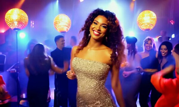 Dancing queen young curly latino girl at bright disco party smiling happily. AI generative video.