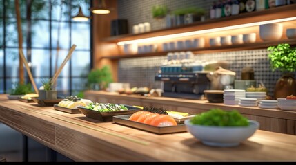 Fototapeta premium A wooden counter in a Japanese restaurant with an assortment of sushi dishes.