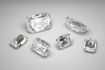 Scattering of diamonds of different sizes on the white background.  Exhibition of precious stones. Criss cut. 3d rendering.