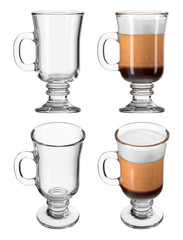 Irish Coffee glass on transparent isolated background. Set of empty glasses and with drink in different angles. Bar theme. 3d rendering.