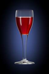 Cordial glass with liquor on accent gradient background. Bar theme. Alcoholic drink. 3d rendering.