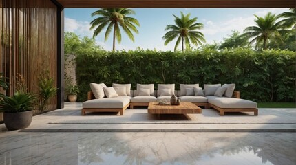 Fototapeta premium Luxury marble terrace around green exotic plants