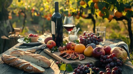A wooden table with a bottle of wine and a selection of fresh fruit, ideal for a dinner party or special occasion