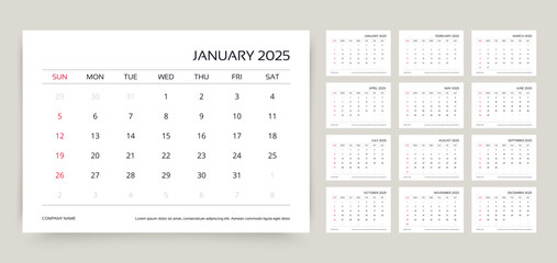 Calendar for 2025 year. Planner template. Week starts Sunday. Monthly calender organizer. Desk schedule grid with 12 month. Corporate yearly diary layout. Horizontal simple agenda. Vector illustration