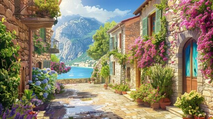 Enchanting Mediterranean Village Stone Houses Flowerlined Streets and Stunning Mountain Views