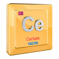 Cerium Ce, chemical element sign with number 58 in periodic table. 3D rendering isolated on transparent background