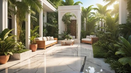 Fototapeta premium Luxury marble terrace around green exotic plants