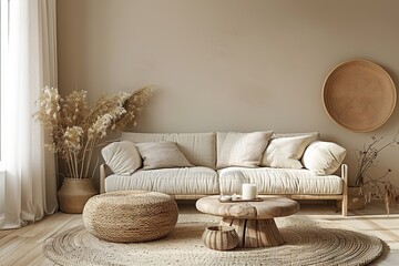 Interior of a beige living room decorated in a Scandinavian farmhouse style with natural wood furnishings. Wall background mockup
