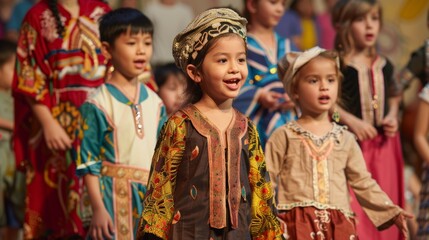 Naklejka premium Children in Colorful Costumes Performing Historical School Play on Decorated Stage