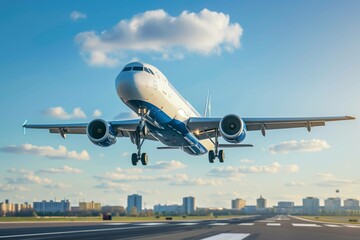 Naklejka premium Commercial jetliner taking of runway. Modern and fastest mode of transportation. City town skyscrapers background