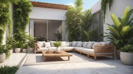 Luxury marble terrace around green exotic plants