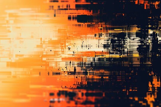 Fototapeta Abstract background with black and orange digital glitch effects