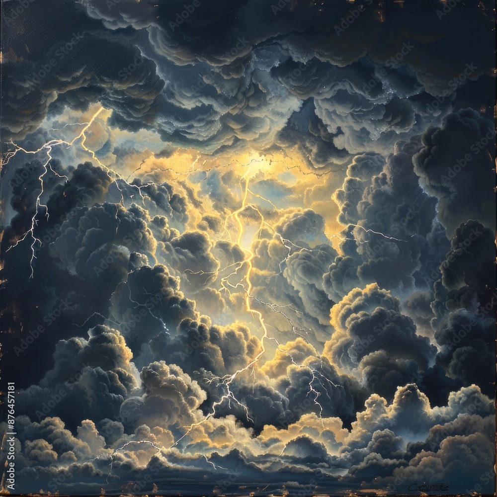 Aufkleber A picture of a cloudy sky with lightning, useful for background or weather-related images