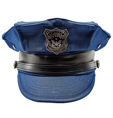 Front view of police cap with badge on isolated transparent background
