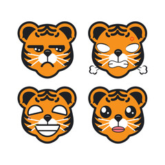 Vector set of cute Tiger emoji faces with various expressions. Isolated on white background