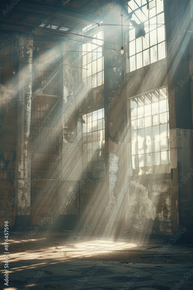 Poster an old building with broken windows, getting some natural light from the outside