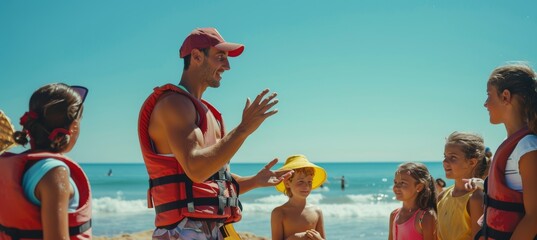 Lifeguard Conducting Safety Talk to Kids on Beach Discussing Swimming Rules and Importance of Safety