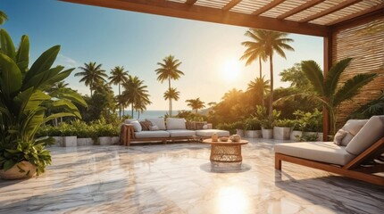 Fototapeta premium Luxury marble terrace around green exotic plants