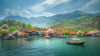 Serene Coastal Haven Traditional Village with RedTiled Roofs Blossoming Flowers and Turquoise Waters Nikon D850 35mm Lens