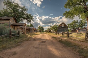 A rural landscape with a dirt road leading up to a wooden fence, suitable for use as a background or prop in various photography projects