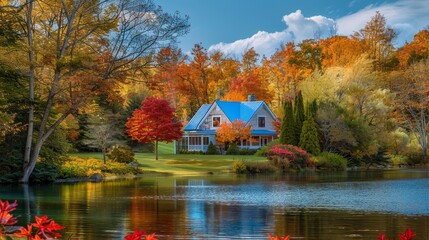 Obraz premium Autumn Bliss Cozy Cottage Retreat Surrounded by Vibrant Fall Foliage and Serene River Reflections