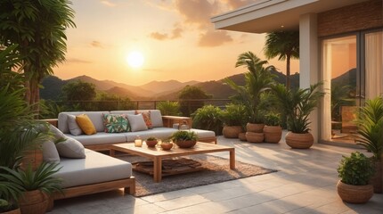 Luxury terrace in exotics, minimalist vintage style