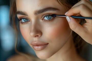 Obraz premium Beautiful young woman applying make-up with cosmetic brush, closeup