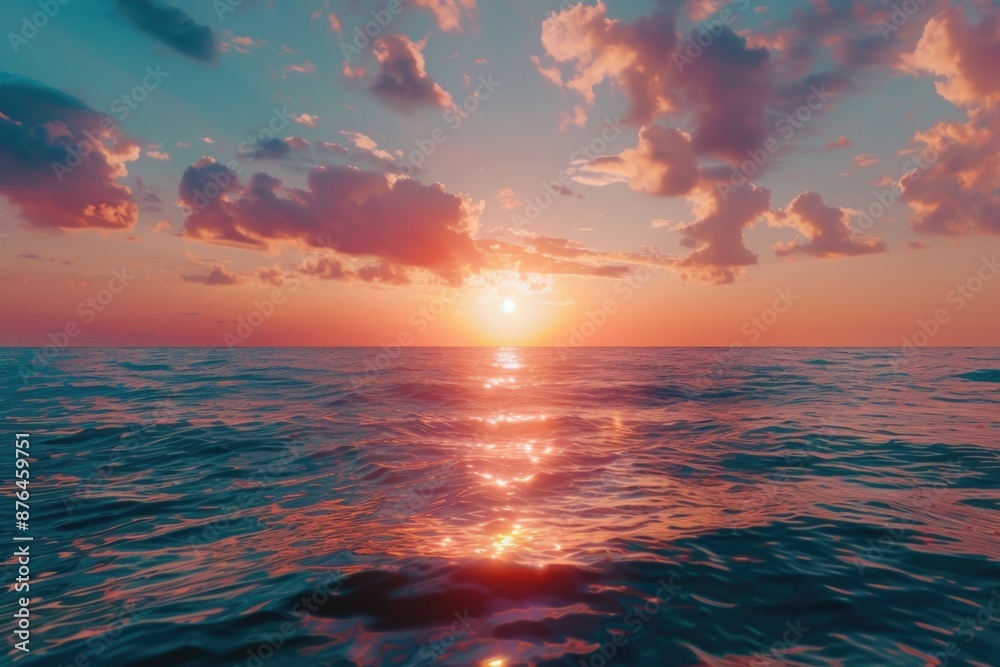 Poster a serene scene of the sun setting over the ocean on a cloudy day, perfect for calming backgrounds or
