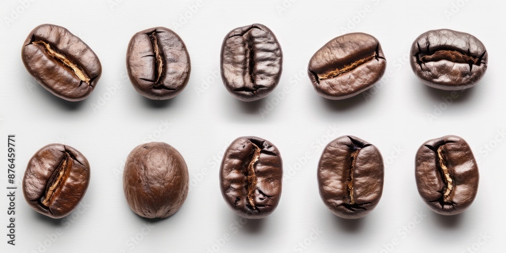 Poster A close-up view of multiple coffee beans arranged on a white surface, suitable for use in recipes, product displays or educational purposes