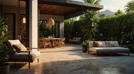 Fototapeta premium Luxury terrace in exotics, minimalist vintage style