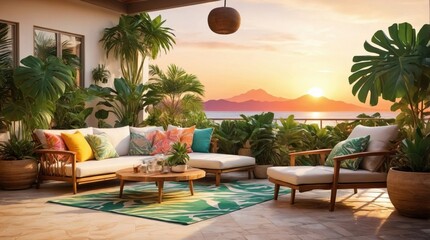 Fototapeta premium Luxury terrace in exotics, minimalist vintage style