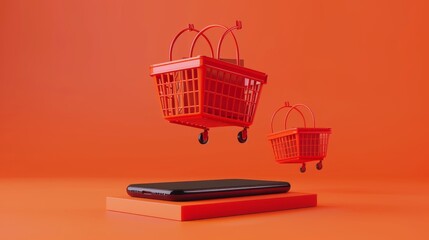 Online shopping concept design with red shopping baskets, parcel box with cart image on box floating above a smartphone on orange background.