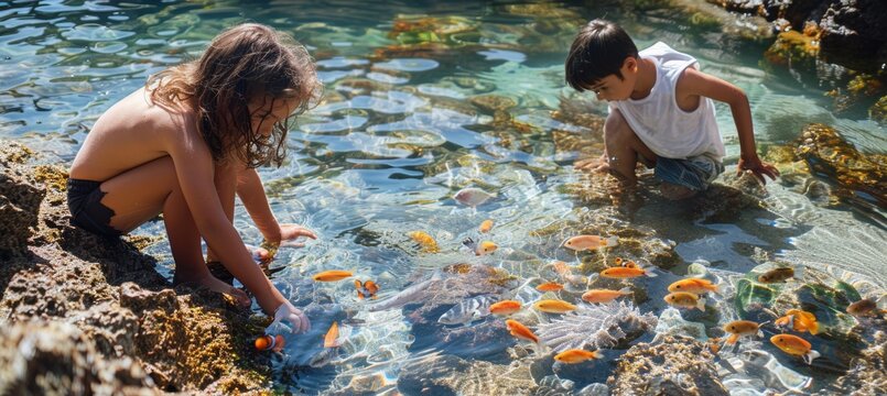 Children Exploring Tide Pool with Colorful Fish - Summer Vacation Outdoors Learning