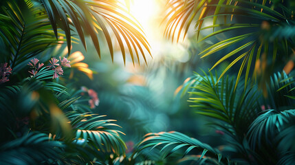 Tropical Palm leaves with sun light. Summer exotic trendy background with place for text	