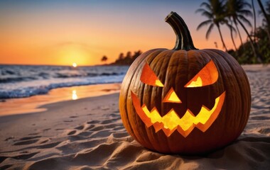 Halloween pumpkin on a sandy beach
