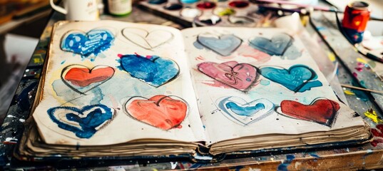 Fototapeta premium Open Sketchbook with Vibrant Heart Designs, Perfect for Creative Process Inspiration and Artistic Projects