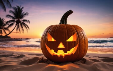 Halloween pumpkin on a sandy beach