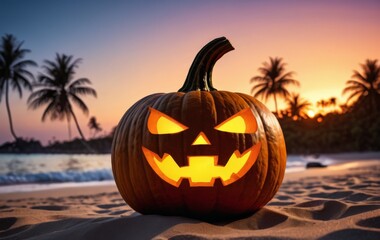 Halloween pumpkin on a sandy beach