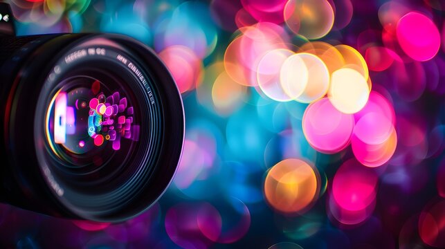 Photo of close-up of camera lens with colorful bokeh lights in the backroud