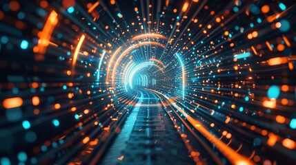 Obraz premium Digital Pulse Futuristic HighTech Tunnel with Glowing Blue and Orange Lights Dynamic and Energetic Abstract Background for Technology and Innovation Concepts Canon EOS R5 24105mm Lens