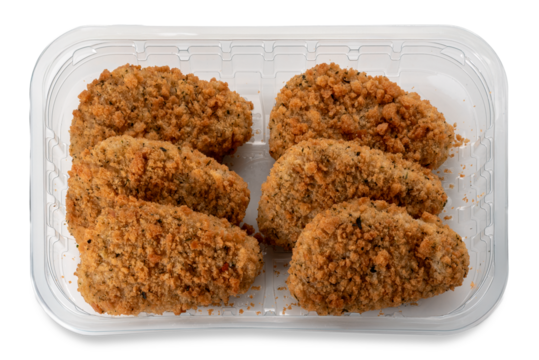 Breaded cod slices in clear plastic tray for supermarket sale, top view isolated