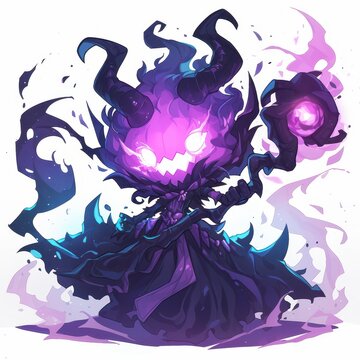Cute chibi demon warlock with purple flames and dark magic powers